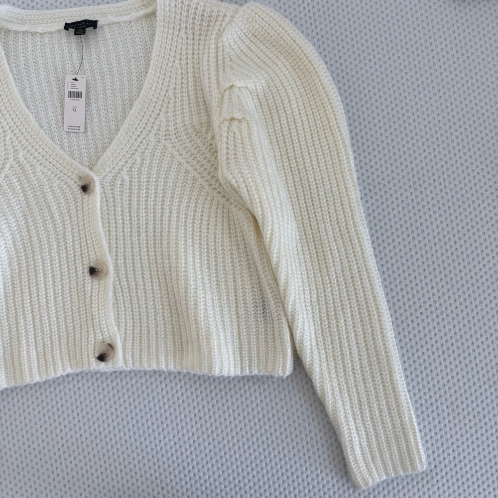 Anthropologie Current Air Women's Ivory Knit Puff Sleeve Cardigan Sweater NEW - Picture 6 of 8